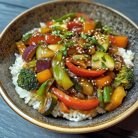 Un bol de riz garni d'un mélange coloré de légumes sautés comme poivrons, brocoli et courgettes, parsemé de sésame et d'herbes.