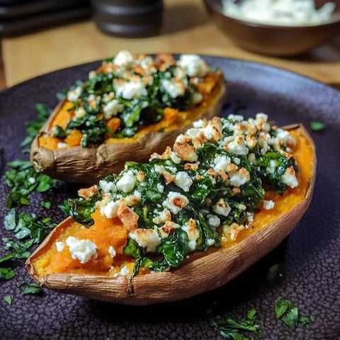 Deux moitiés de patates douces garnies d'un mélange d'épinards, de fromage feta et de pain grillé, servies sur une assiette foncée.