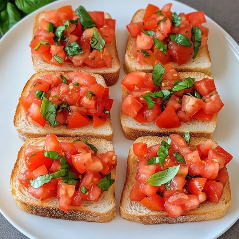 Une assiette avec six tranches de pain grillé, garnies d'un mélange de dés de tomates et de basilic frais.