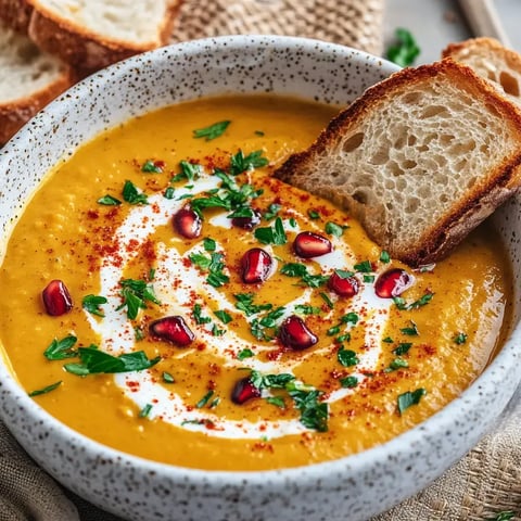 Un bol de velouté orangé, garni de crème fraîche, graines de grenade et herbes fraîches, accompagné d'une tranche de pain.