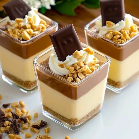 Trois verrines avec des couches de crème, chantilly, noisettes et chocolat, garnies de crème fouettée et carrés de chocolat.