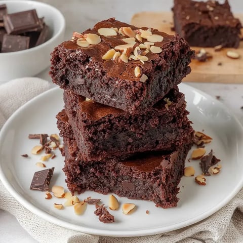 Trois généreux brownies au chocolat, décorés d'amandes effilées, servis sur une assiette blanche.