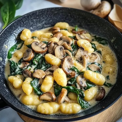 Une assiette de gnocchi nappés d'une sauce crémeuse, avec des champignons et des épinards.
