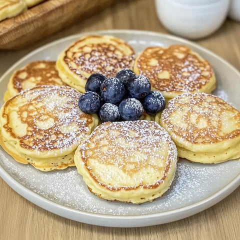 Une assiette de crêpes fraîchement préparées, garnies de myrtilles et de sucre glace.