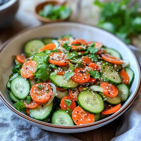Une salade colorée de concombres, carottes et coriandre fraîche, garnie de graines de sésame dans un bol.