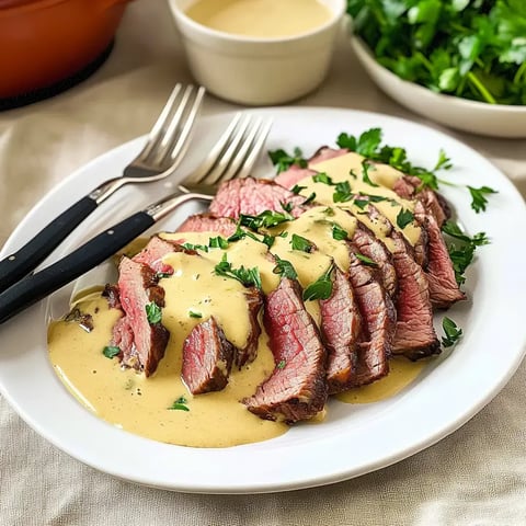 Un morceau de bœuf finement tranché, nappé d'une sauce crémeuse et garni de persil frais, présenté sur une assiette blanche.