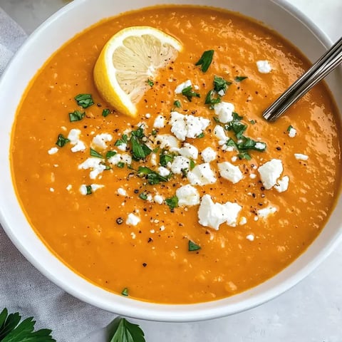Un bol de soupe orange garni d'une rondelle de citron, de persil frais haché et de fromage émietté.
