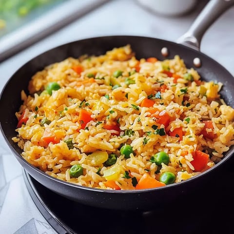 Un plat coloré avec riz, pois, poivrons et herbes dans une poêle noire.