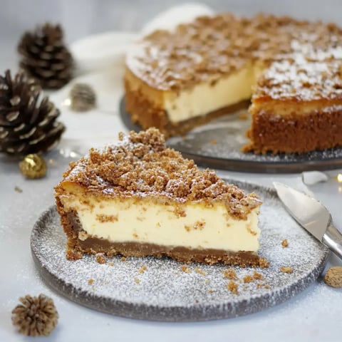 Une part de cheesecake avec couche de miettes croustillantes, sur une assiette saupoudrée de sucre glace et décorée de pommes de pin et boules dorées.