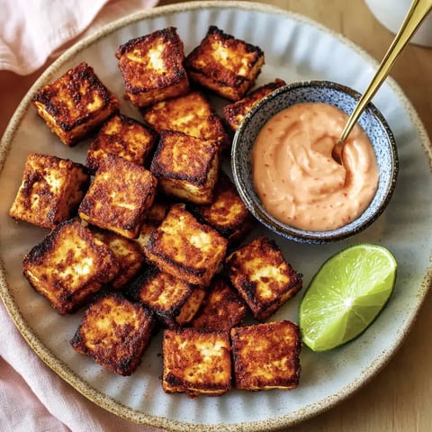Une assiette de cubes de tofu grillés, servie avec une sauce épicée et un morceau de citron vert.