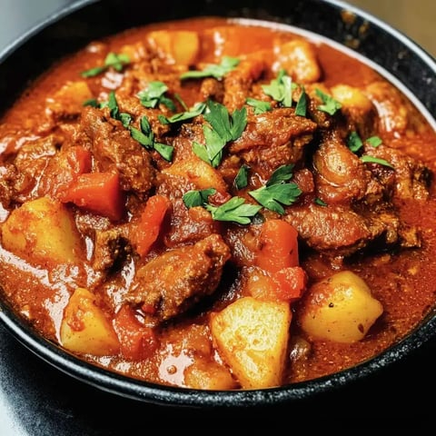 Un bol rempli de légumes, protéines de soja et pommes de terre dans une sauce tomatée parfumée, décoré de persil frais.