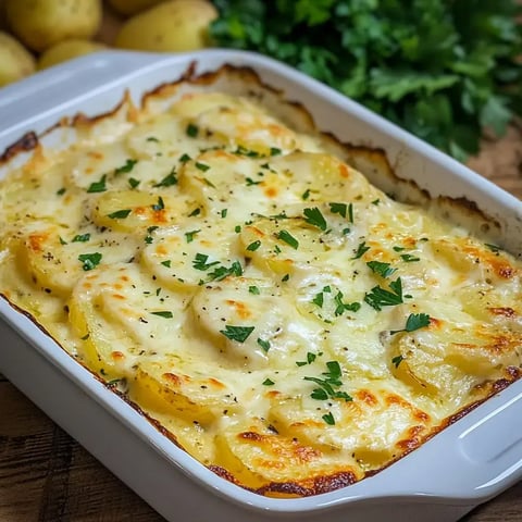 Un gratin de pommes de terre en couches avec une sauce crémeuse au fromage, garni de persil frais.