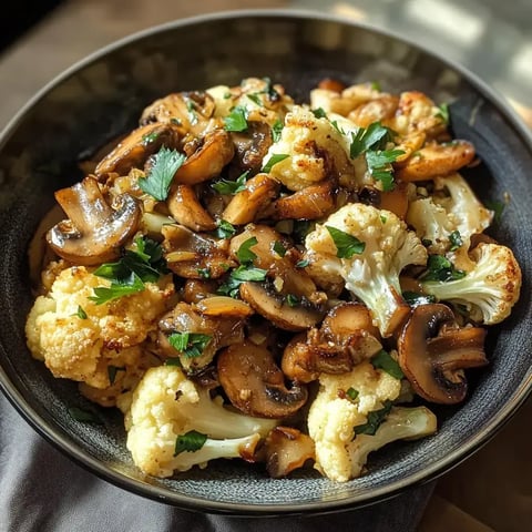 Bol rempli de chou-fleur et champignons sautés, décoré de persil frais.