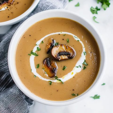 Un velouté de champignons crémeux avec un tourbillon de crème et des champignons poêlés, garni d'herbes fraîches.