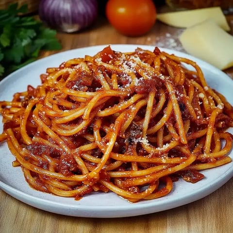 Une assiette de spaghetti à la sauce tomate, garnie de parmesan, entourée d'ingrédients frais.