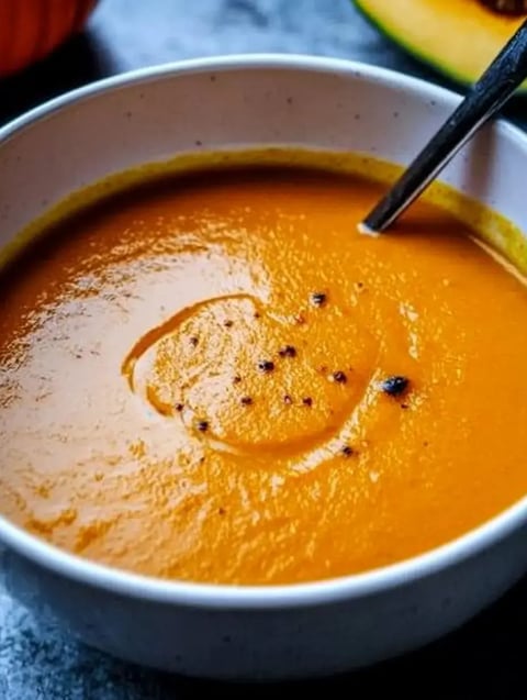 Un bol de velouté de potiron orange et crémeux, garni de quelques grains de poivre noir.