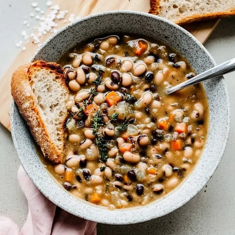 Un bol contenant un ragoût épais de haricots, garni de thym frais et accompagné d'une tranche de pain.