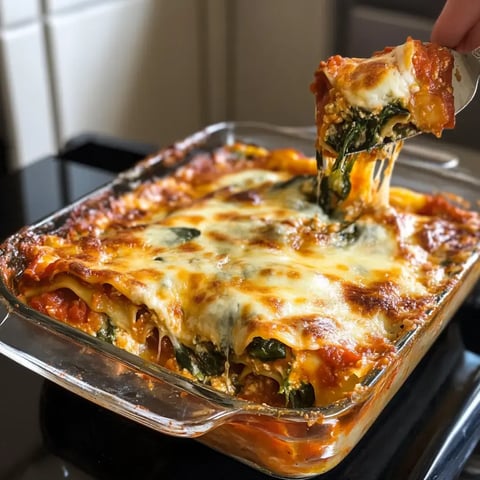 Une lasagne fraîchement cuite avec fromage et épinards sortie d'un plat à gratin.