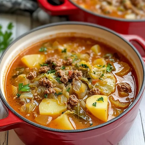 Une marmite rouge contenant une soupe épicée avec du chou, des pommes de terre et de la viande hachée, garnie de persil frais.