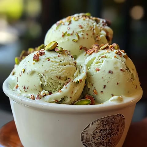 Un bol contenant trois boules de glace à la pistache, garni d'éclats de pistaches.