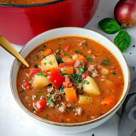 Un bol de potée généreuse rempli de légumes, viande et herbes fraîches, posé à côté d'une grande marmite et d'un oignon.