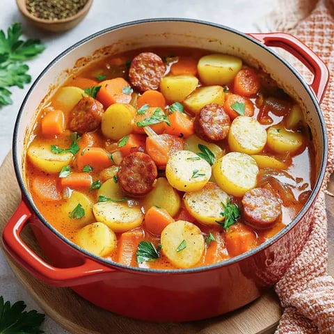 Une marmite rouge contient un ragoût savoureux de pommes de terre, carottes et saucisses, garni de persil frais.