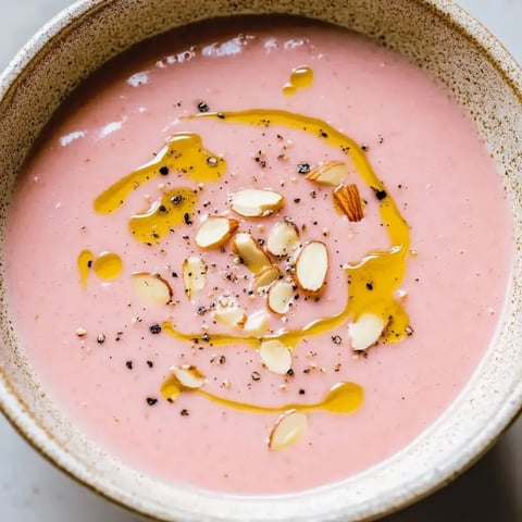 Un bol de velouté rose, décoré avec des mandles et un filet d'huile d'olive.