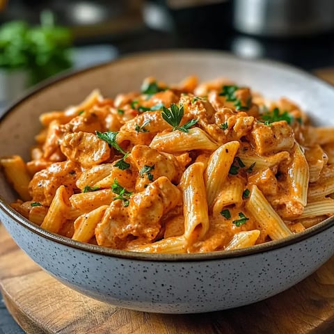 Un bol de pâtes penne dans une sauce crémeuse à la tomate, garni de persil frais.