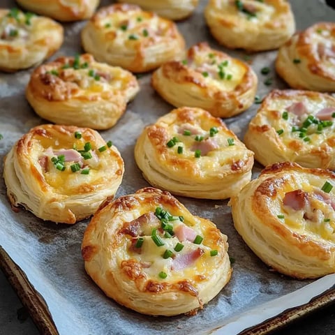 Plusieurs spirales dorées de pâte feuilletée garnies de fromage, jambon et ciboulette sur une plaque de cuisson.
