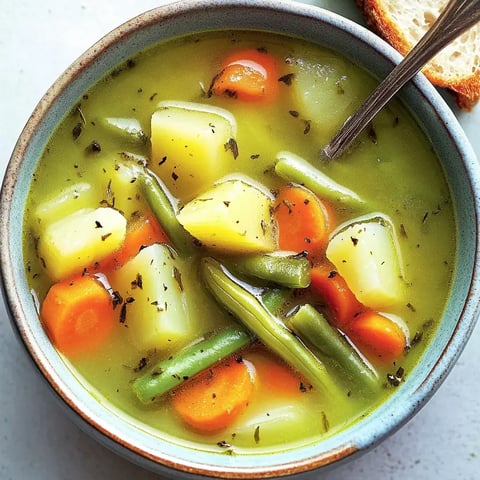 Un bol de soupe aux légumes, avec des pommes de terre, des carottes et des haricots verts dans un bouillon léger.