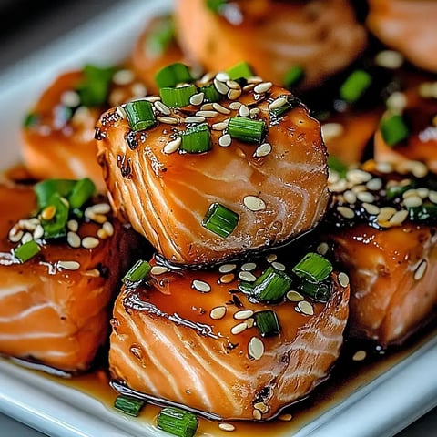 Une assiette de cubes de saumon marinés, garnis de ciboule et de sésame.