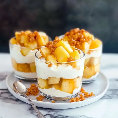 Trois verrines avec des couches de pommes, crème et sucre caramélisé sur une assiette.