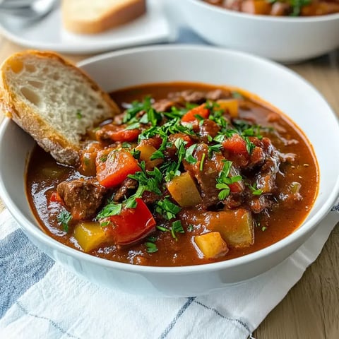 Un bol de ragoût fumant garni d'herbes fraîches, servi avec un morceau de pain croustillant.