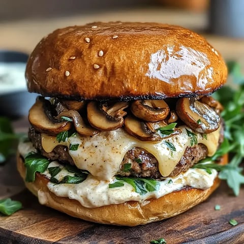 Un burger juteux avec un pain au sésame, garni de fromage fondu, champignons sautés et herbes fraîches.