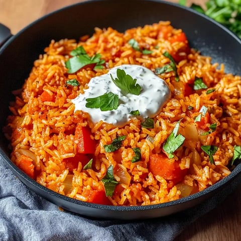 Une assiette de riz parfumé, agrémenté de paprikas sautés, d’oignons et d'herbes fraîches, avec une touche de Joghurt.