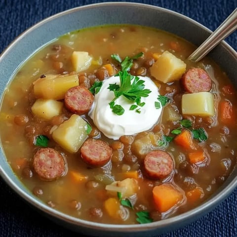 Une assiette de soupe aux lentilles, garnie de tranches de saucisse, pommes de terre, carottes et une touche de crème fraîche, parsemée de persil frais.