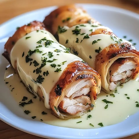 Deux rouleaux de poulet farcis avec une sauce crémeuse et des herbes fraîches sur une assiette blanche.