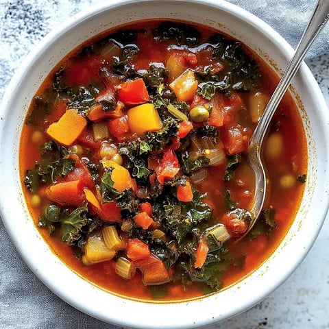 Bol coloré de soupe aux tomates, poivrons, chou frisé et autres légumes.