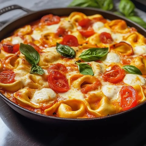 Un plat de pâtes gratiné avec des tortellini, des tomates cerises, de la mozzarella et du basilic frais dans une poêle.