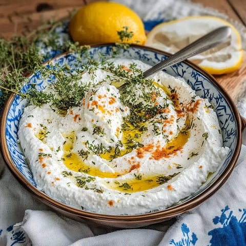 Une assiette de yaourt crémeux, garnie d'huile d'olive, de thym frais et de paprika, à côté d'un citron.