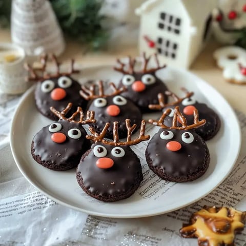 Une assiette de biscuits enrobés de chocolat, décorés comme des rennes, avec des cornes en bretzel, des yeux en sucre et un nez rouge.