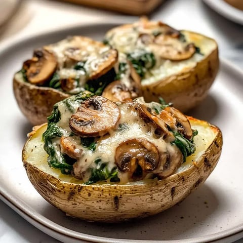 Deux pommes de terre coupées en deux, gratinées avec épinards, champignons et fromage sur une assiette.