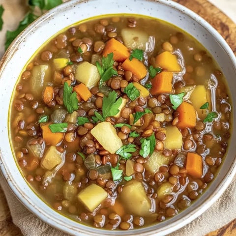 Un bol de soupe aux lentilles rempli de carottes oranges, feuilles vertes, pommes de terre jaunes et lentilles brunes.