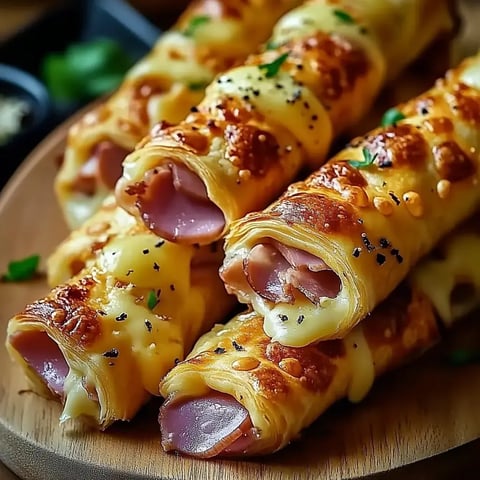 Deux assiettes de rouleaux de pâte croustillants, farcis au jambon et gratinés au fromage fondu, disposés sur une planche en bois.