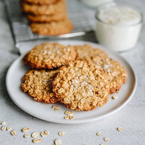 Une assiette de biscuits à l'avoine fraîchement cuits, décorés d'une pincée de sucre glace, posée sur une table claire.