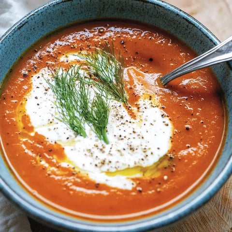 Un bol de velouté de tomates, orné de crème, d’aneth frais et d’un soupçon de poivre noir.