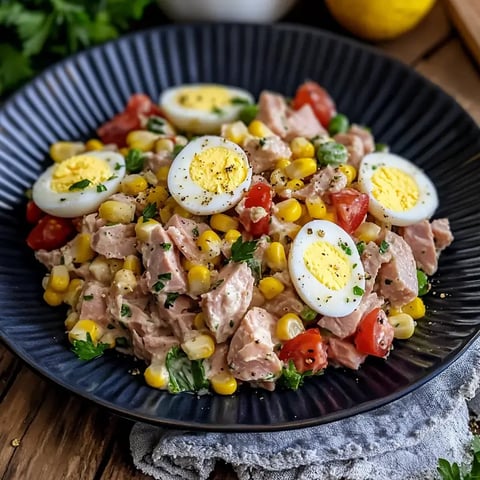 Une salade colorée avec du thon, du maïs, des tomates cerises, des œufs durs et du persil frais sur une assiette noire.