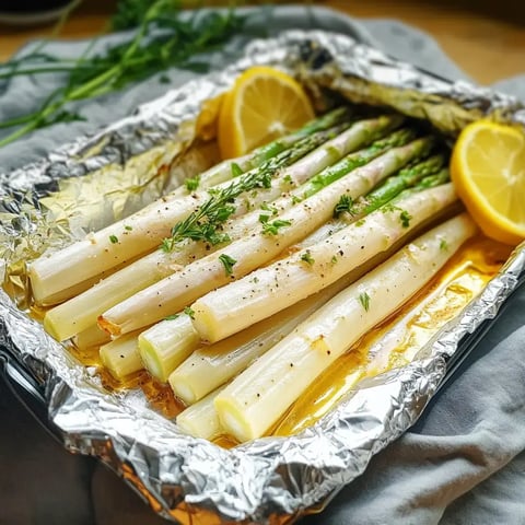 Un plat de poireaux cuits au four, garnis d'herbes et de tranches de citron, enveloppé dans du papier aluminium.