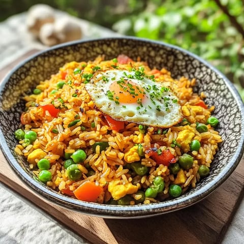 Un bol de riz frit avec légumes et œuf au plat, garni de ciboulette.