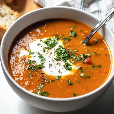 Un bol de soupe à la tomate garni de crème et coriandre fraîche, servi avec un morceau de pain en arrière-plan.